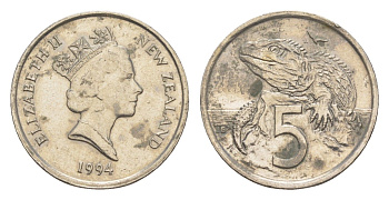 Новая Зеландия 5 центов 1994 Елизавета II (1952-2022), ящерица гаттерия KM 60 медно-никель 4651-224