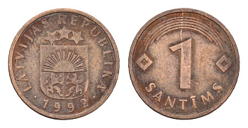 Латвия 1 сантим 1992 KM 15 сталь плакированная медью 105-311