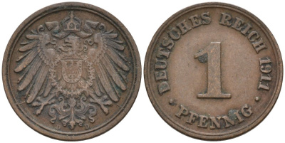 Германия 1 пфенниг 1911 D KM 10, J. 10 медь 4576-216
