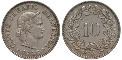 Швейцария 10 раппенов 1943 в KM 27 медно-никель 4128-721