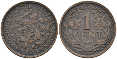 Нидерланды 1 цент 1929 Вильгельмина (1890-1948) KM 152 бронза 4576-739