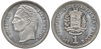 Венесуэла 1 боливар 1989 тонкий шрифт Y 52a.2 сталь плакированная никелем 4606-537