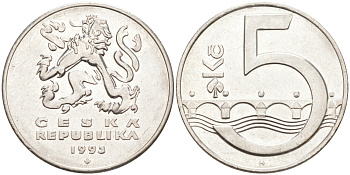 Чехия 5 крон 1993 чешский лев, Карлов мост KM 8 сталь плакированная никелем 117-743