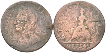 Великобритания 1 фартинг 1754 Георг II (1727-1760) KM 581.2, Spink 3722 медь 4613-348