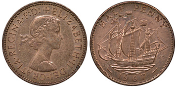 Великобритания 1/2 пенни 1967 Елизавета II (1952-2022) KM 896, Spink 4158 бронза 4122-836