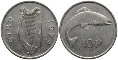 Ирландия 10 пенсов 1975 лосось KM 23 медно-никель 215-634