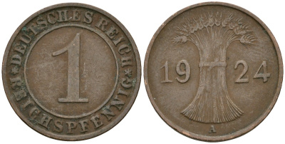 Германия 1 рейхспфенниг 1924 A KM 37, J. 313 бронза 4189-1053
