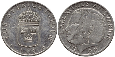 Швеция 1 крона 1990 Карл XVI Густав (1973- ) KM 852a медно-никель 4398-1256