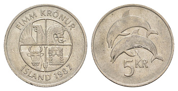 Исландия 5 крон 1987 дельфины KM 28 медно-никель 4635-127