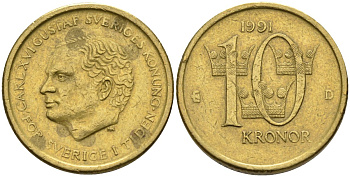 Швеция 10 крон 1991 D, Карл XVI Густав (1973- ) KM 877 медь алюминий цинк 4592-151