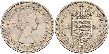 Великобритания 1 шиллинг 1960 Елизавета II (1952-2022), Английский герб KM 904, Spink 4147 медно-никель 4114-1235