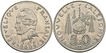 Французская Новая Каледония 50 франков 2009 хижина среди сосен и пальм, (IEOM) KM 13a, Schoen 15a, Lec 128i медно-никель 114-915