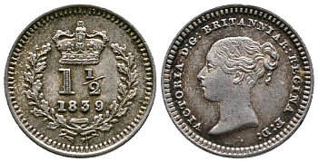 Великобритания 1 1/2 пенса 1839 Виктория (1837-1901) KM 728, Spink 3915 серебро 1518-715