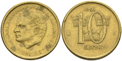 Швеция 10 крон 1991 D, Карл XVI Густав (1973- ) KM 877 медь алюминий цинк 4592-151