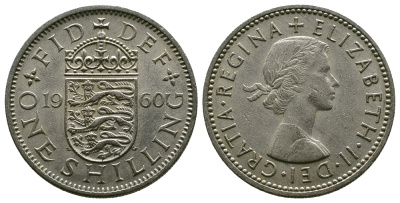 Великобритания 1 шиллинг 1960 Елизавета II (1952-2022), Английский герб KM 904, Spink 4147 медно-никель 4384-415