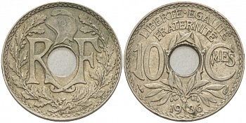 ФРАНЦИЯ 10 САНТИМОВ 1936 ТИП ЛИНДАЙЁ KM 866a медно-никель 4402-935