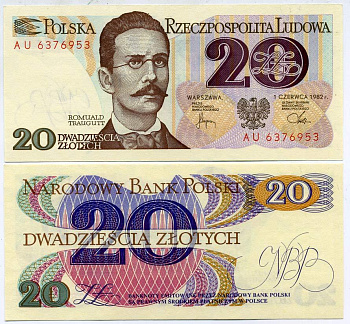 Польша 20 злотых 1982 Ромуальд Траугутт, в серии 2 буквы Pick 149 a (2) бумага UNC (пресс) 7202-15-1