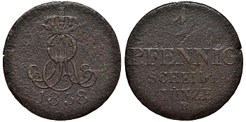 Ганновер 1 пфенниг 1838 B, Эрнст Август (1837-1851) KM 176, AKS 127, J. 53 медь 75-451