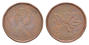 Канада 1 цент 1989 Елизавета II (1952-2022), кленовый лист KM 132 бронза 4630-569