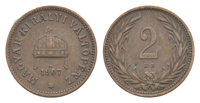 Венгрия 2 филлера 1907 KB, Франц Иосиф I (1848-1916) KM 481 бронза 4649-526
