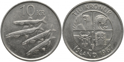 Исландия 10 крон 1987 РЫБЫ KM 29.1 медно-никель 181-643