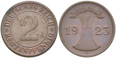 ГЕРМАНИЯ 2 РЕНТЕНПФЕННИГА 1923 F KM 31, J. 307 бронза 4532-537