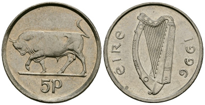 Ирландия 5 пенсов 1996 бык KM 28 медно-никель 4136-925