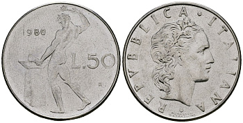 Италия 50 лир 1980 R, бог огня Вулкан у наковальни KM 95.1 нержавеющая сталь 4138-623