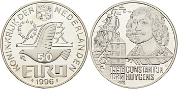 Нидерланды 50 евро 1996 Константейн Хёйгенс (1596-1687)  серебро  PROOF  05-095-43