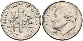 США 10 центов = дайм 1995 P, Рузвельт КМ 195а медь плакированная медно-никелем 4567-623