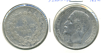 ФРАНЦИЯ 5 ФРАНКОВ 1852 А, ЛУИ НАПОЛЕОН KM 773.1 серебро 4455-1822