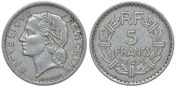 Франция 5 франков 1949 closed 9 KM 888b.1, Le Franc 339.17 алюминий 4123-534