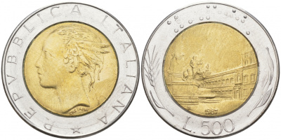 ИТАЛИЯ 500 ЛИР 1987 R KM 111 биметалл 186-236