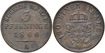 ПРУССИЯ 3 ПФЕННИГА 1866 А, ВИЛЬГЕЛЬМ I (1861-1888) KM 482 медь 4448-1114