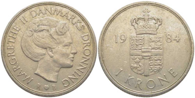 Дания 1 крона 1984 R;B, Маргрете II (1972-) KM 862.3 медно-никель 113-917