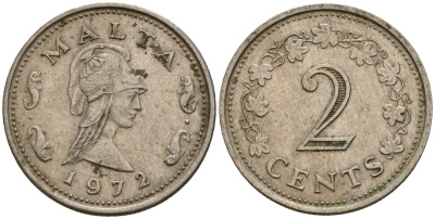 Мальта 2 цента 1972 Пентесилея, царица амазонок KM 9 медь цинк 4154-638