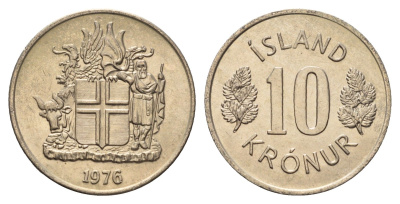 Исландия 10 крон 1976 KM 15 медно-никель UNC 4586-1014