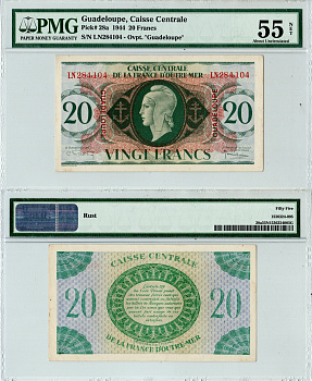 Гваделупа 20 франков 1944 в слабе PMG 50 (about Uncirculated).Голова победы Pick 28a  бумага  aUNC 452-3-28