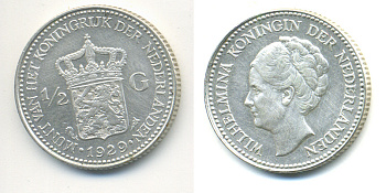 Нидерланды 1/2 гульдена 1929 Вильгельмина I (1890-1948) KM 160 серебро 83-831