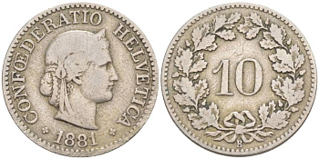 Швейцария 10 раппенов 1881 В KM 27 медно-никель 4181-938