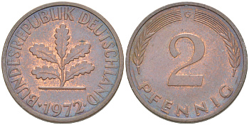 ФРГ 2 ПФЕННИГА 1972 G KM 106а, J. 381а сталь плакированная сталь плакированная медьюю 4181-767