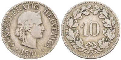 Швейцария 10 раппенов 1881 В KM 27 медно-никель 4181-938