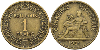 Франция 1 франк 1921 KM 876, Le Franc 218.5 алюминиевая бронза 4142-612