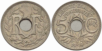 Франция 5 сантимов 1919 тип Линдайё KM 865, Le Franc 121.3 медно-никель 4379-251