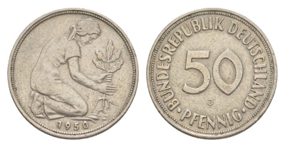 ФРГ 50 пфеннигов 1950 J KM 109.1, J. 384 медно-никель 4636-839