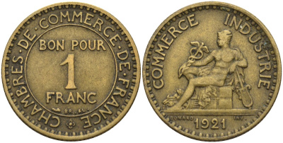 Франция 1 франк 1921 KM 876, Le Franc 218.5 алюминиевая бронза 4142-612