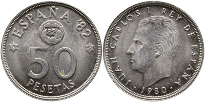 Испания 50 песет 1980 (82) Хуан Карлос, чемпионат мира по футболу Испания 82 KM 819 медно-никель 4384-1011