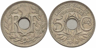 Франция 5 сантимов 1919 тип Линдайё KM 865, Le Franc 121.3 медно-никель 4379-251
