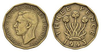Великобритания 3 пенса 1943 Георг VI (1936-1952) KM 849, Spink 4112 никель латунь 77-137