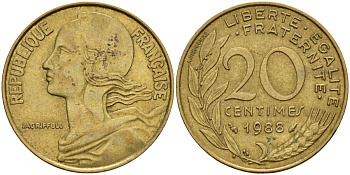 Франция 20 сантимов 1988 тип Marianne KM 930, Le Franc 156.28 медь алюминий никель 4126-636